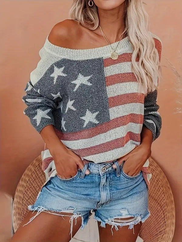 Casual Off-Shoulder Flag Print Sweater