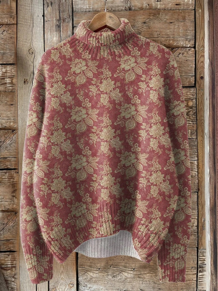 Retro Rose Print Turtleneck Sweater