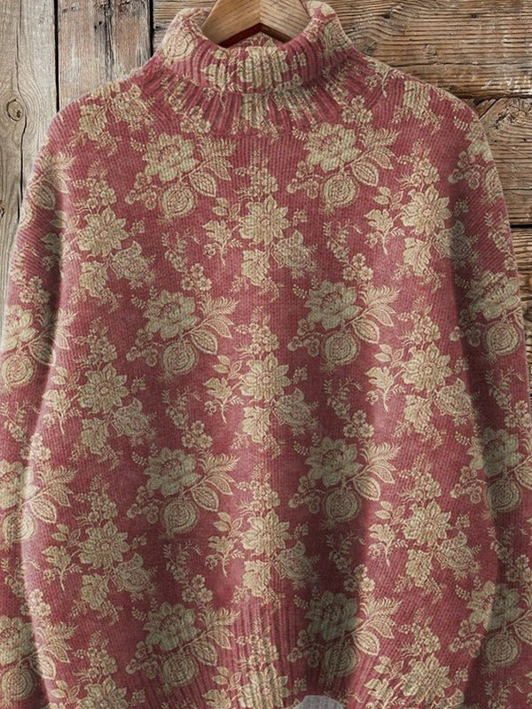 Retro Rose Print Turtleneck Sweater
