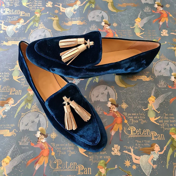 Midnight Elegance Loafers with Champagne Tassels
