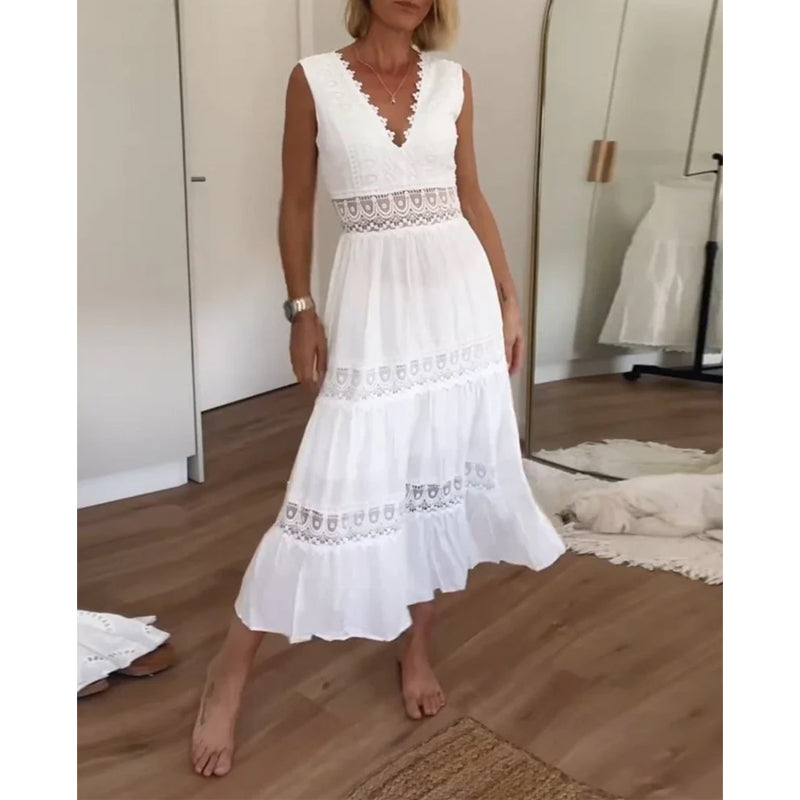 Aurelie™ | Elegant Lace V-Neck Midi Dress