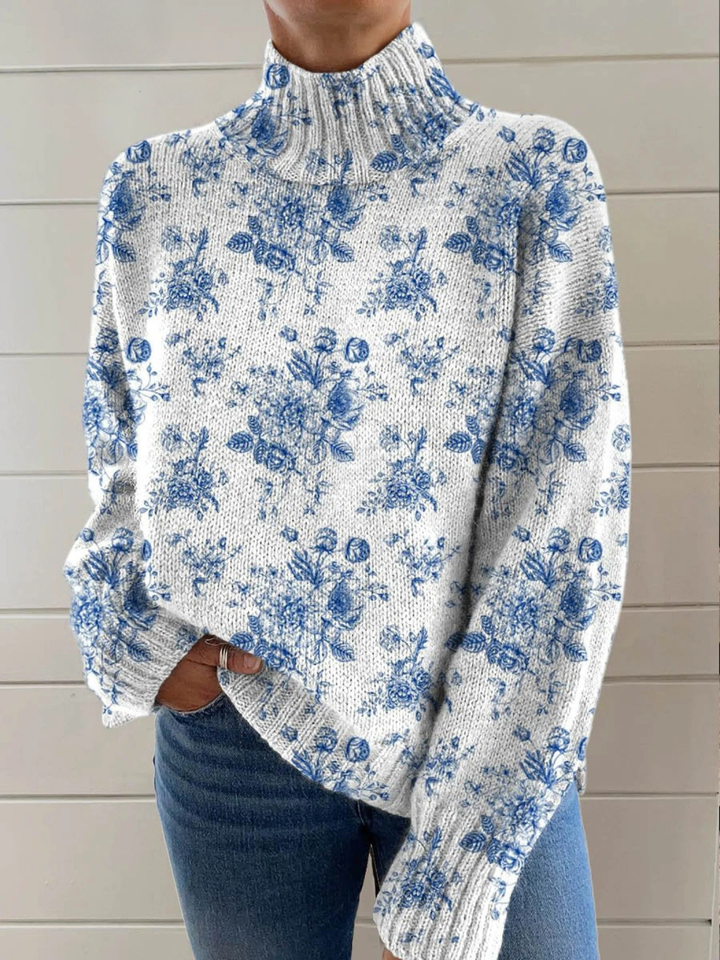 Artistic floral print turtleneck sweater