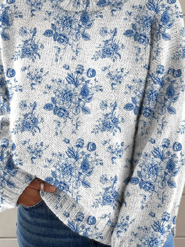 Artistic floral print turtleneck sweater