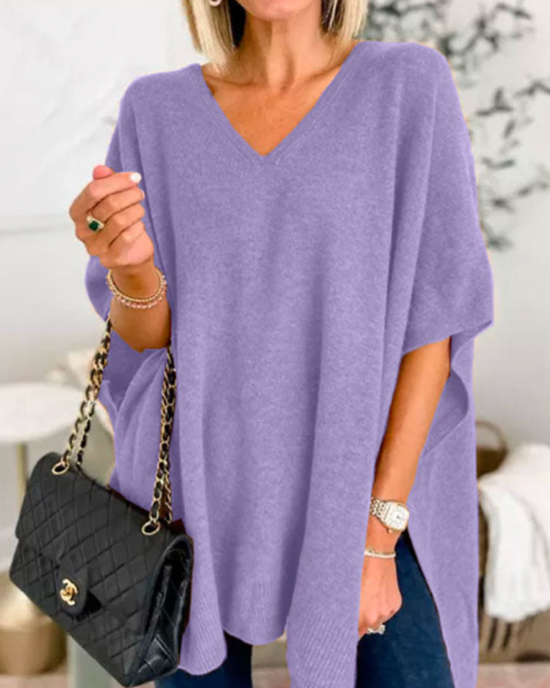 V Neck Loose Fit Solid Poncho Sweater