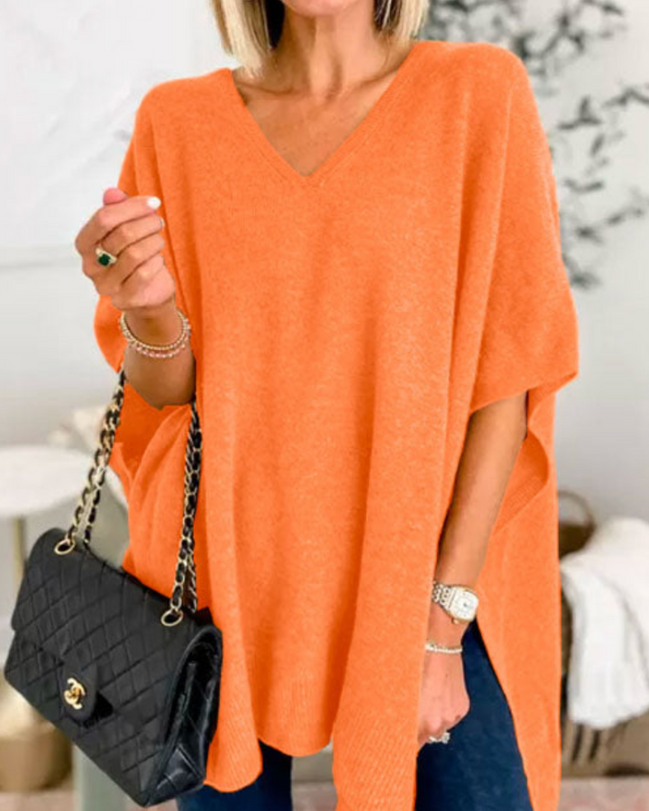 V Neck Loose Fit Solid Poncho Sweater