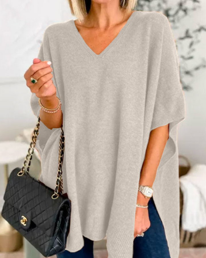 V Neck Loose Fit Solid Poncho Sweater