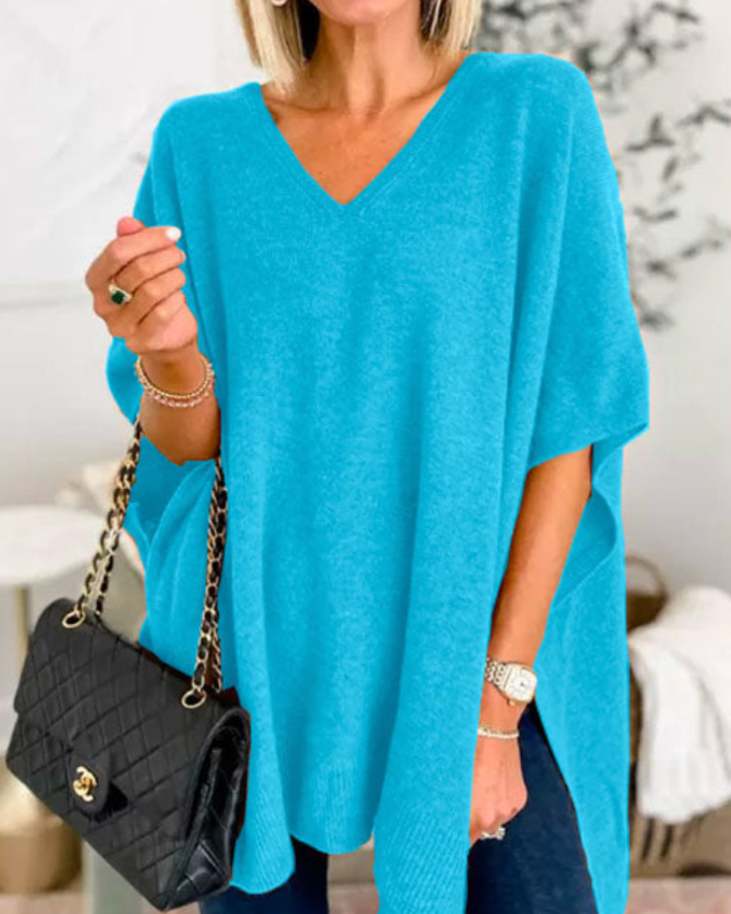 V Neck Loose Fit Solid Poncho Sweater