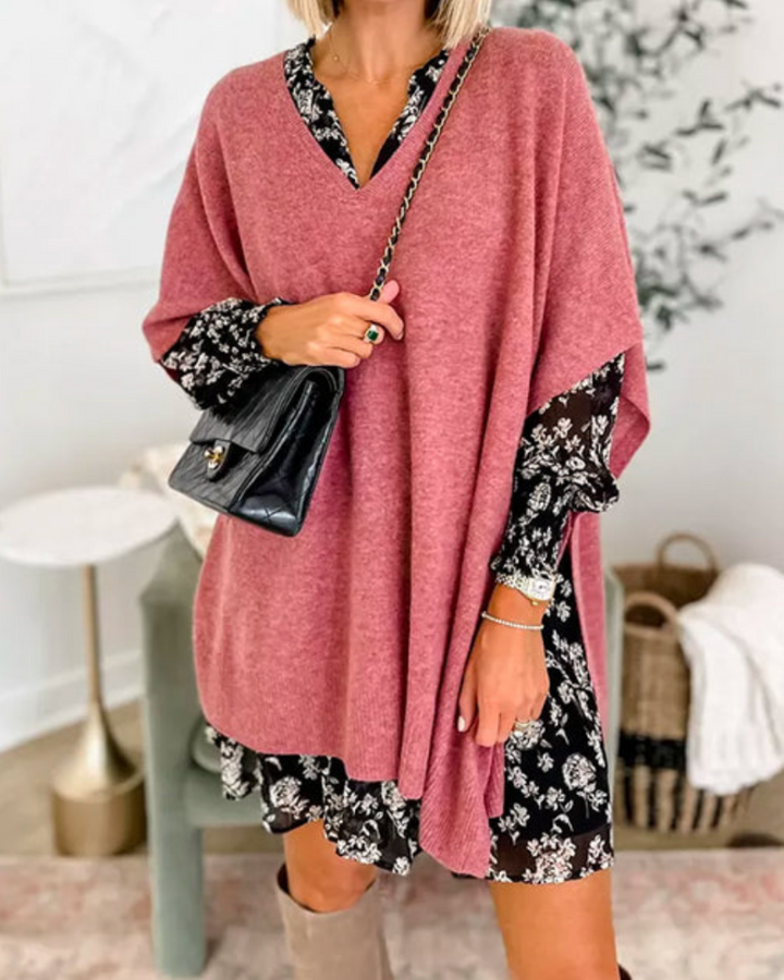 V Neck Loose Fit Solid Poncho Sweater
