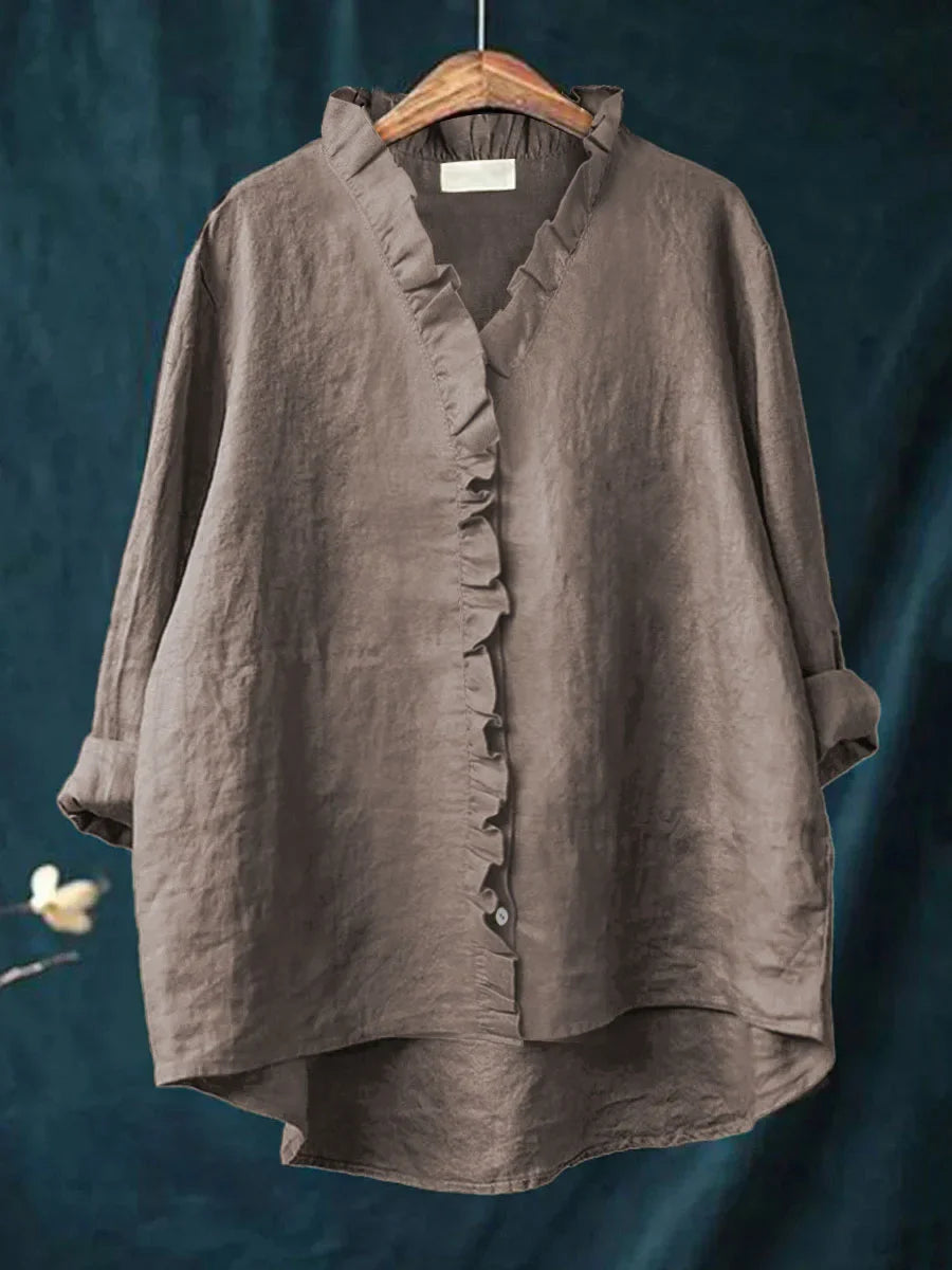 Casual Cotton And Linen Ruffle Shirt