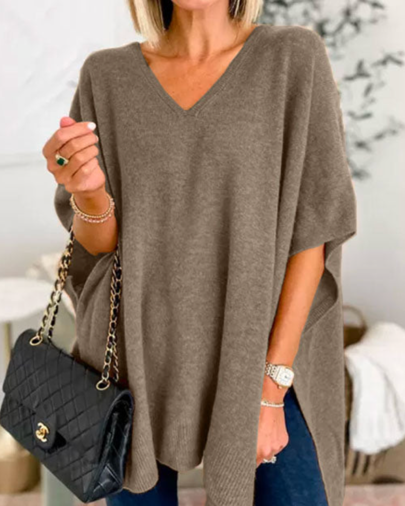 V Neck Loose Fit Solid Poncho Sweater