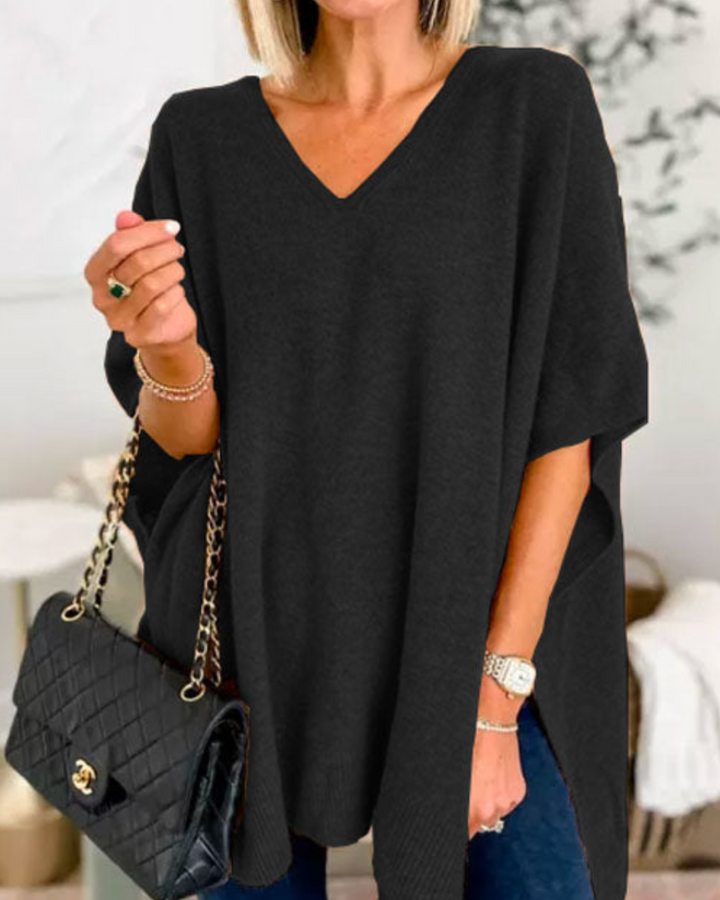 V Neck Loose Fit Solid Poncho Sweater