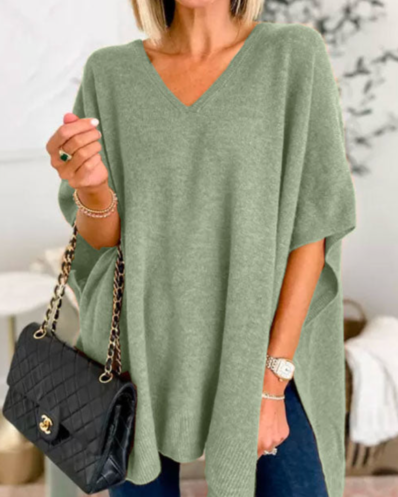 V Neck Loose Fit Solid Poncho Sweater