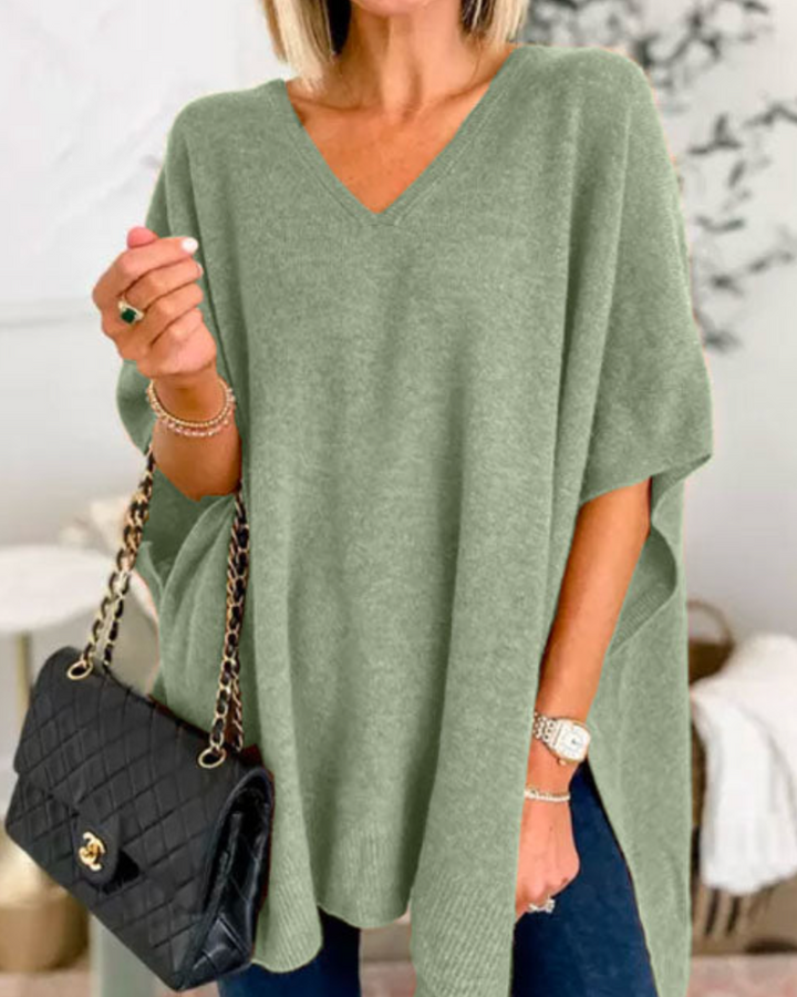 V Neck Loose Fit Solid Poncho Sweater