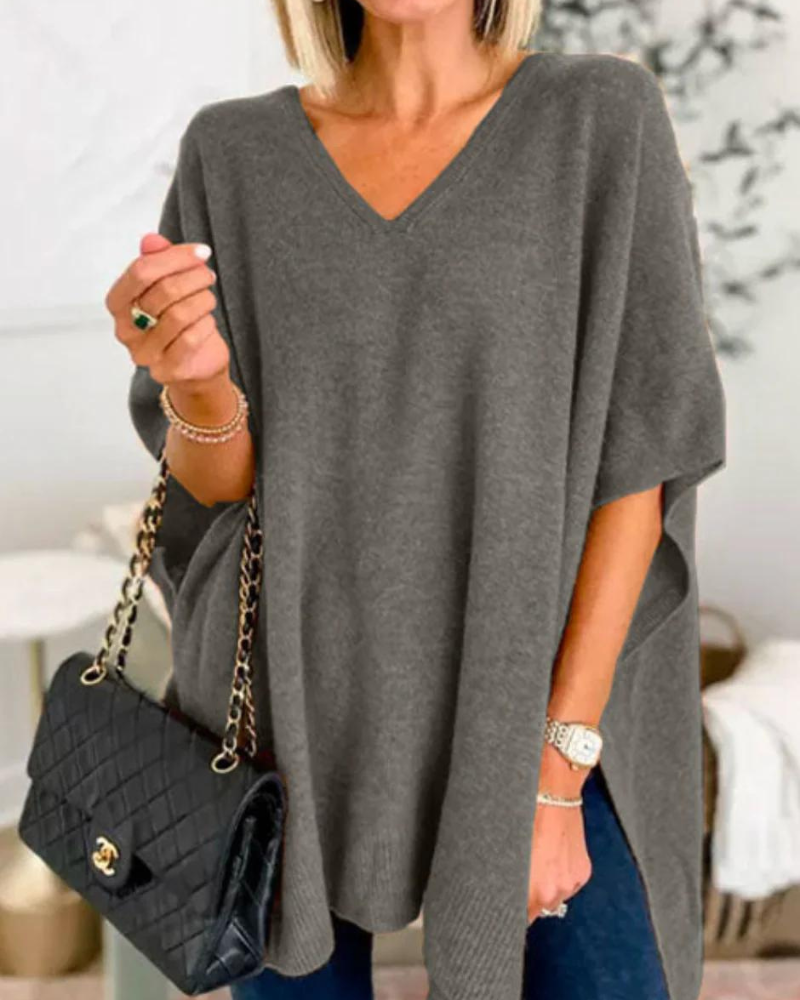 V Neck Loose Fit Solid Poncho Sweater