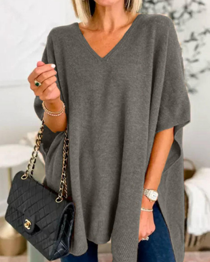 V Neck Loose Fit Solid Poncho Sweater