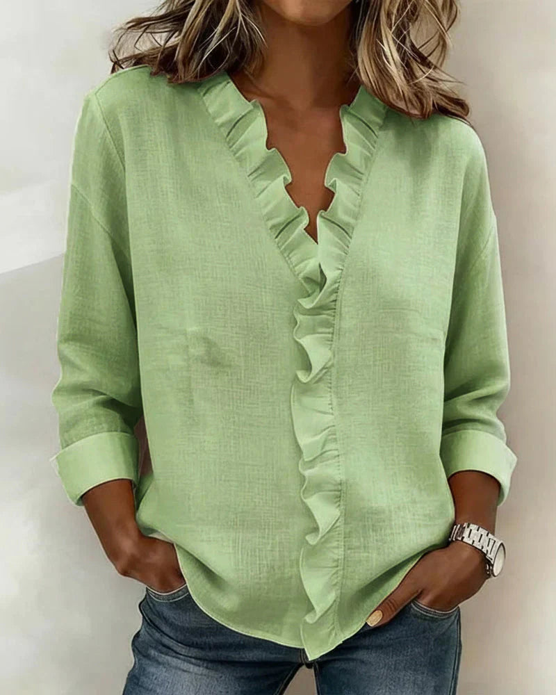 Indie | Blouse with Ruffles, V-Neck and Long Sleeves