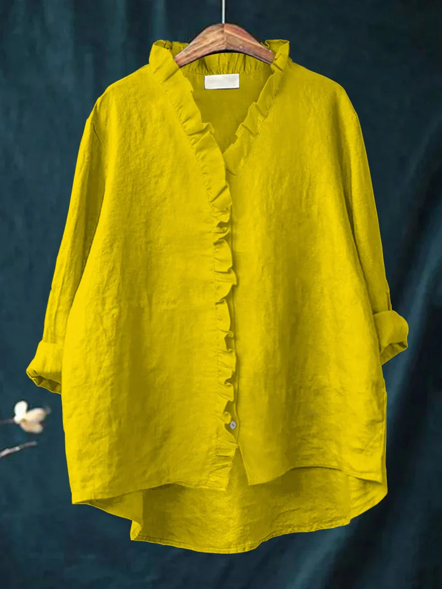Casual Cotton And Linen Ruffle Shirt