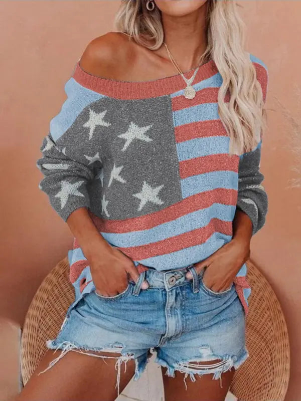 Casual Off-Shoulder Flag Print Sweater