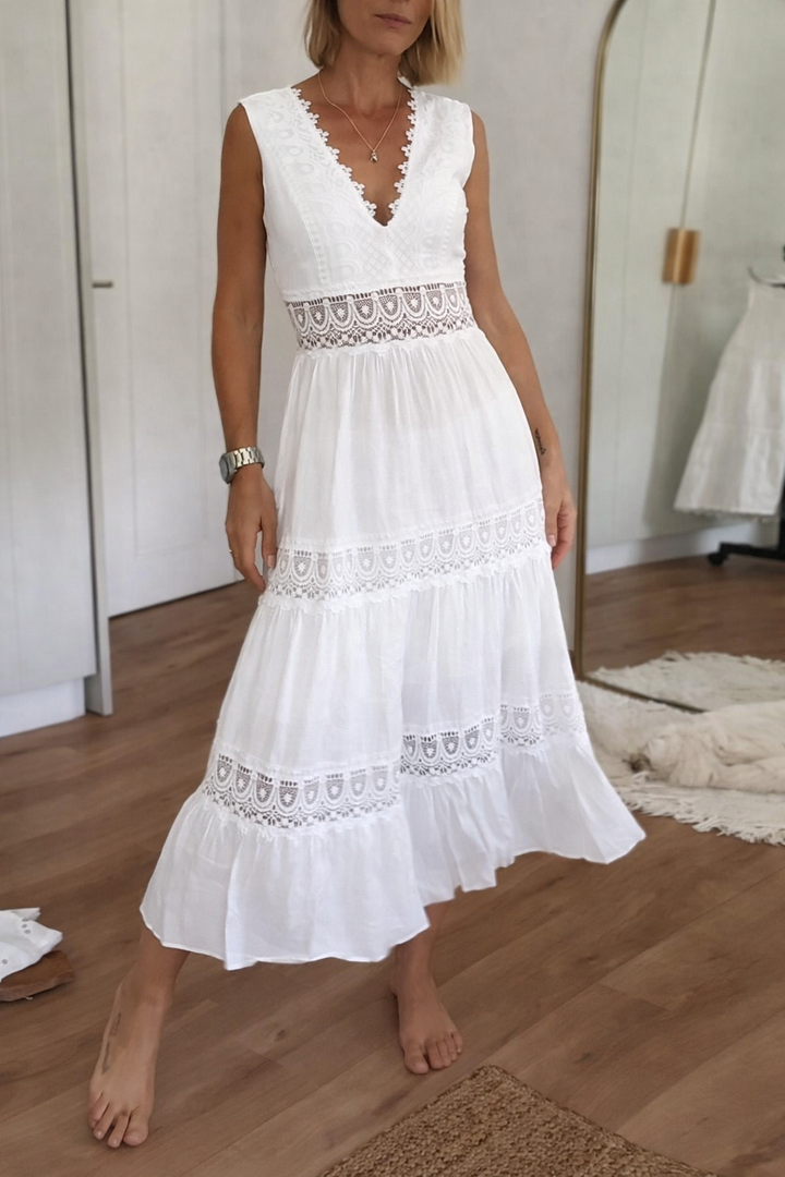 Aurelie™ | Elegant Lace V-Neck Midi Dress