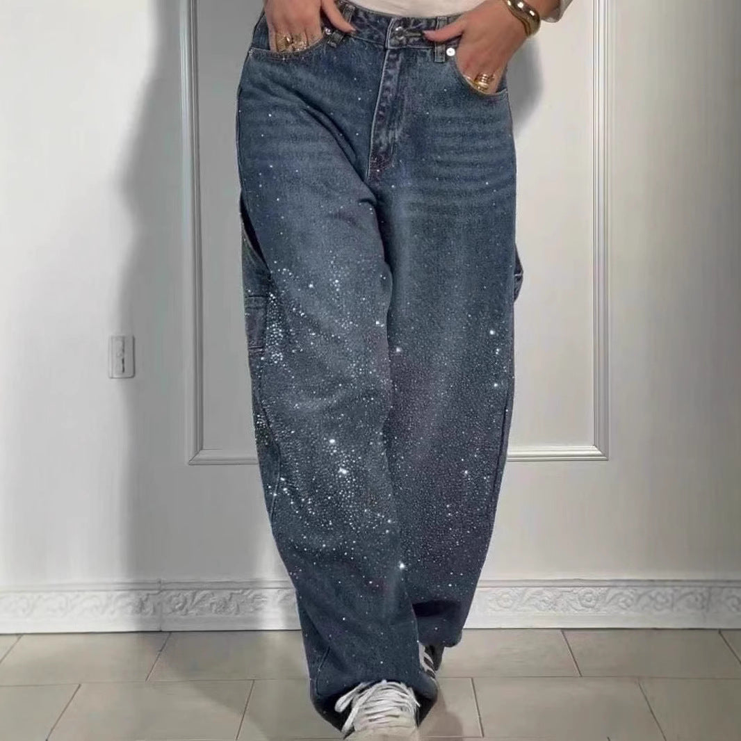 Raphaelle - Trendy Starry Denim Cargo Pants
