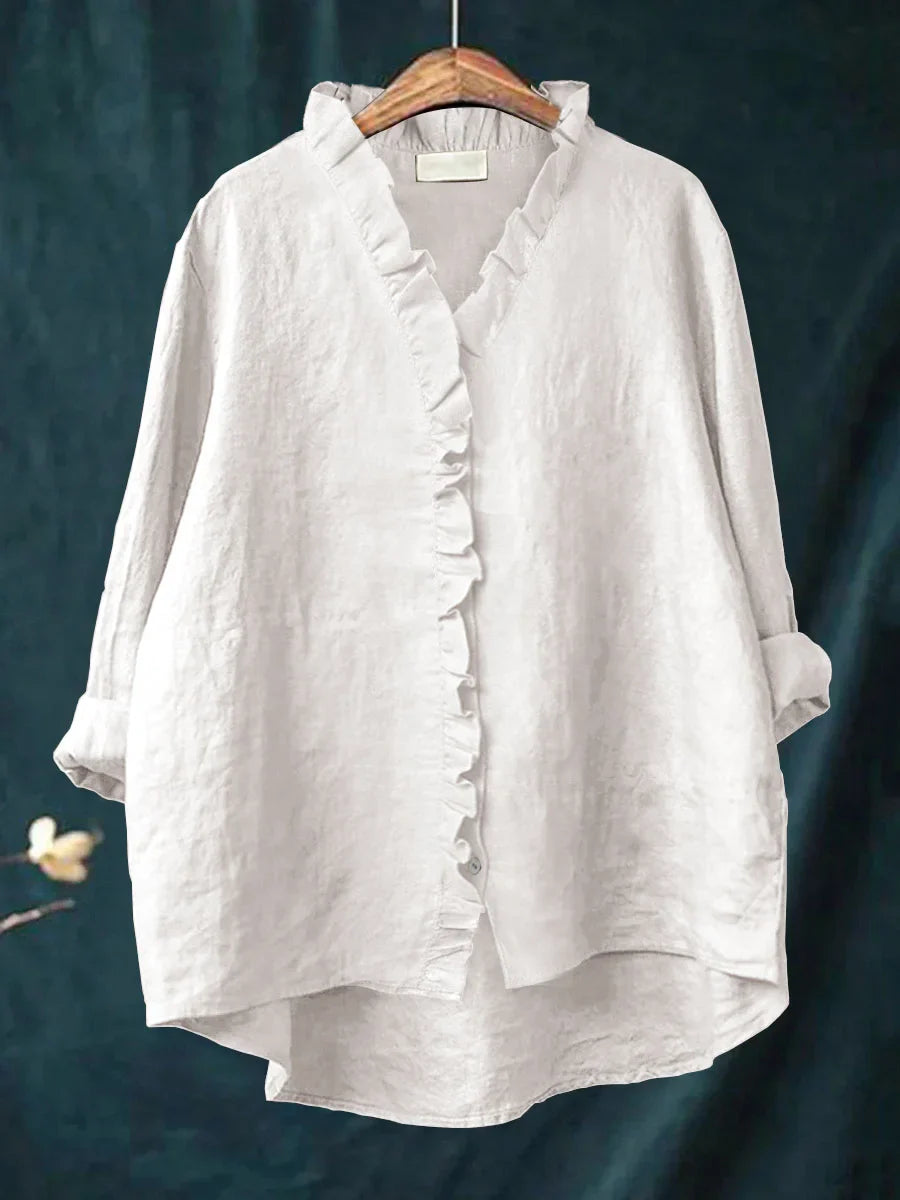 Casual Cotton And Linen Ruffle Shirt