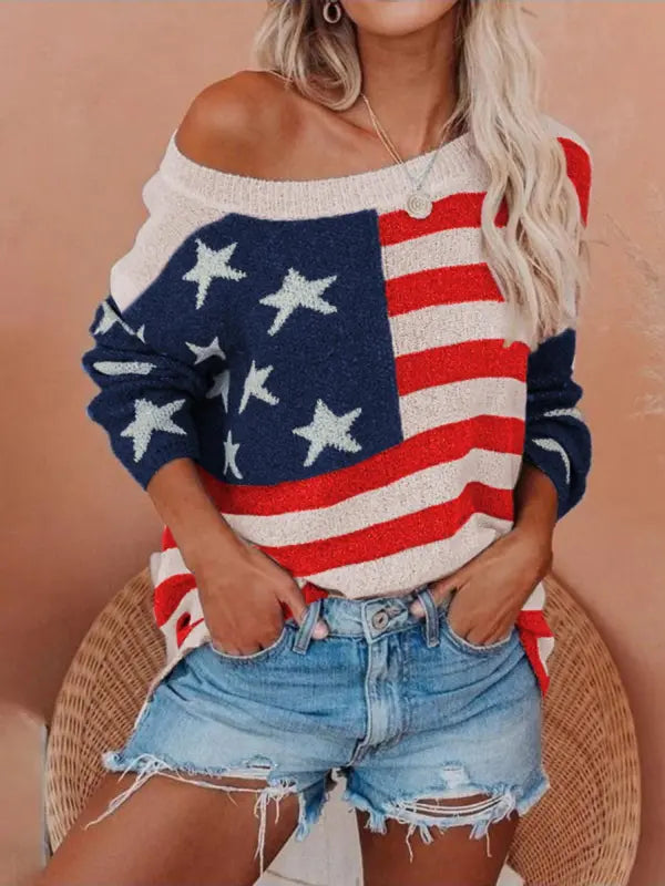 Casual Off-Shoulder Flag Print Sweater