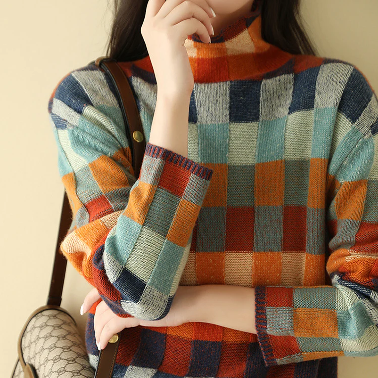 Chic Wool Knit Plaid Turtleneck Sweater